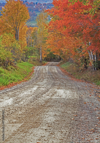 USA, New England, Vermont tree-lined roadway in Autumns Fall colors.