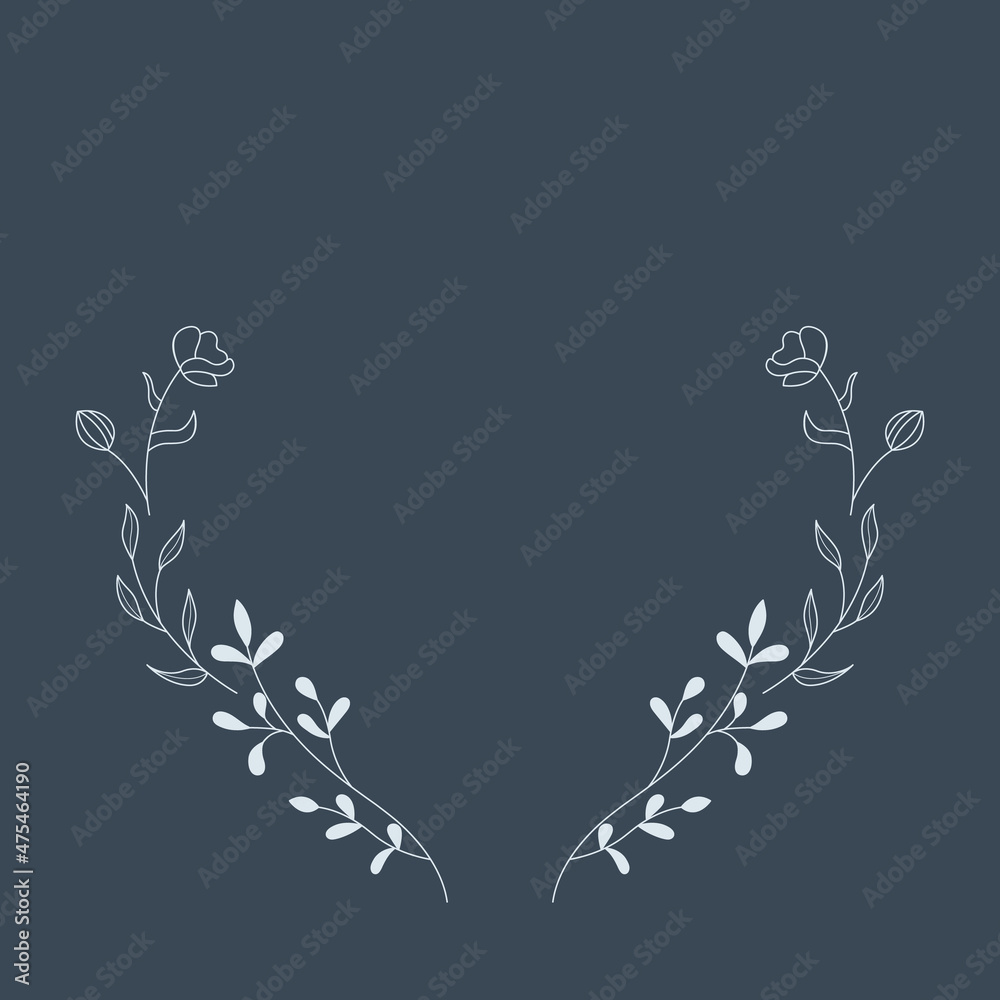 Floral Wreath branch in hand drawn style. Floral blue and navy frame of twigs, leaves and flowers. Frames for the Valentine's day, wedding decor, logo and identity template.