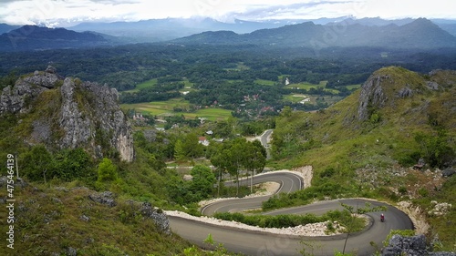 The winding roads of Burake hills where stand the statue of Jesus Christ Blesing at Makale in Tana Toraja Regency, South Sulawesi, Indonesia.