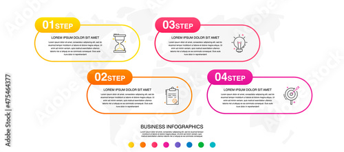Vector 4 step line infographic labels with icons and squares. Modern timeline concept for chart, levels, web, diagram, banner, presentations, business, diagram, flowchart