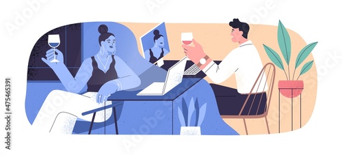 Love couple at online date. Internet call of man and woman with wine. Virtual romantic meeting of people at laptops. Video conference. Flat graphic vector illustration isolated on white background