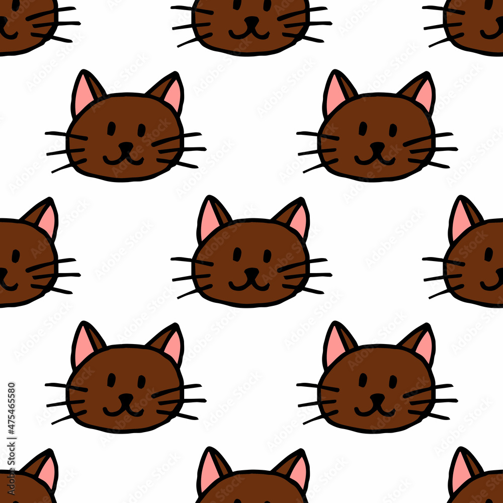 Seamless pattern with chocolate brown cat on white background. Vector image.