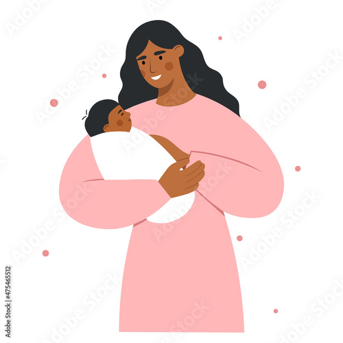 Mother and child. African american woman holding her cute baby in arms. Happy Mother's day. Modern maternity. Design for greeting card, poster, web or print. Flat vector illustration.