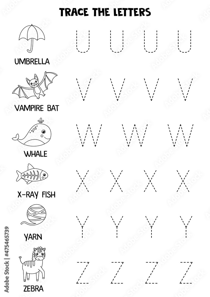 Learning alphabet. Tracing letters. Black and white worksheet. Learning alphabet. Tracing letters. Black and white worksheet.