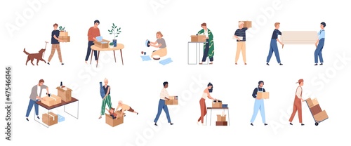 People with boxes during relocation set. Men, women, kids pack stuff into cardboards, relocate, leave homes and offices, move to new ones. Flat graphic vector illustration isolated on white background photo