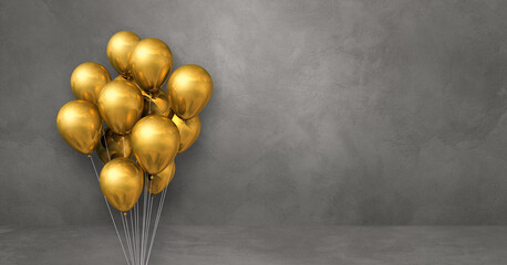 Gold balloons bunch on a grey wall background. Horizontal banner.