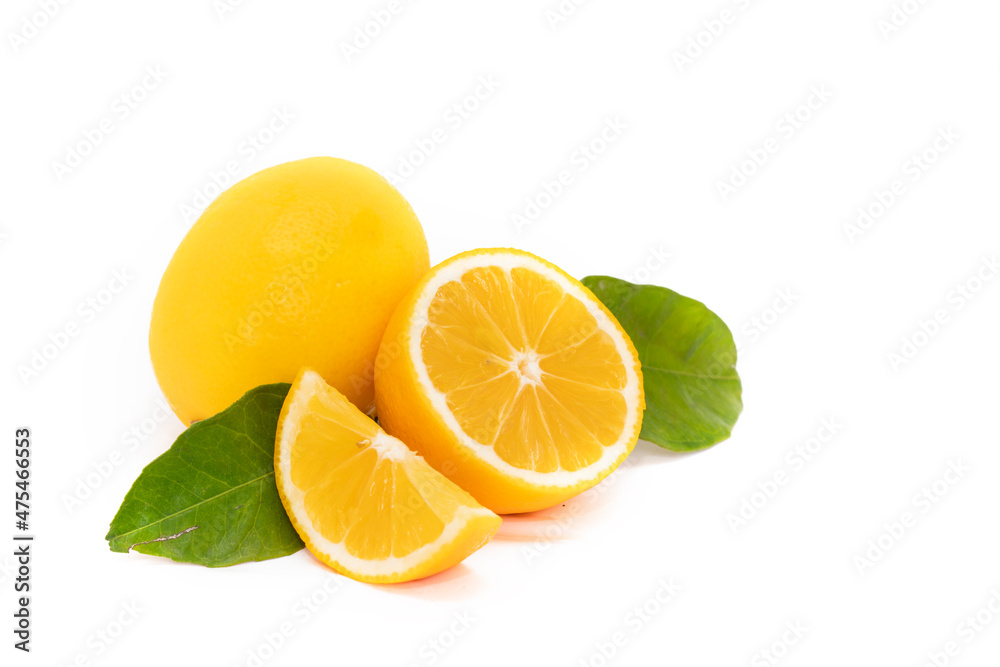 Lemon fruit with leaf isolate. Lemon half, slice, leaves on white