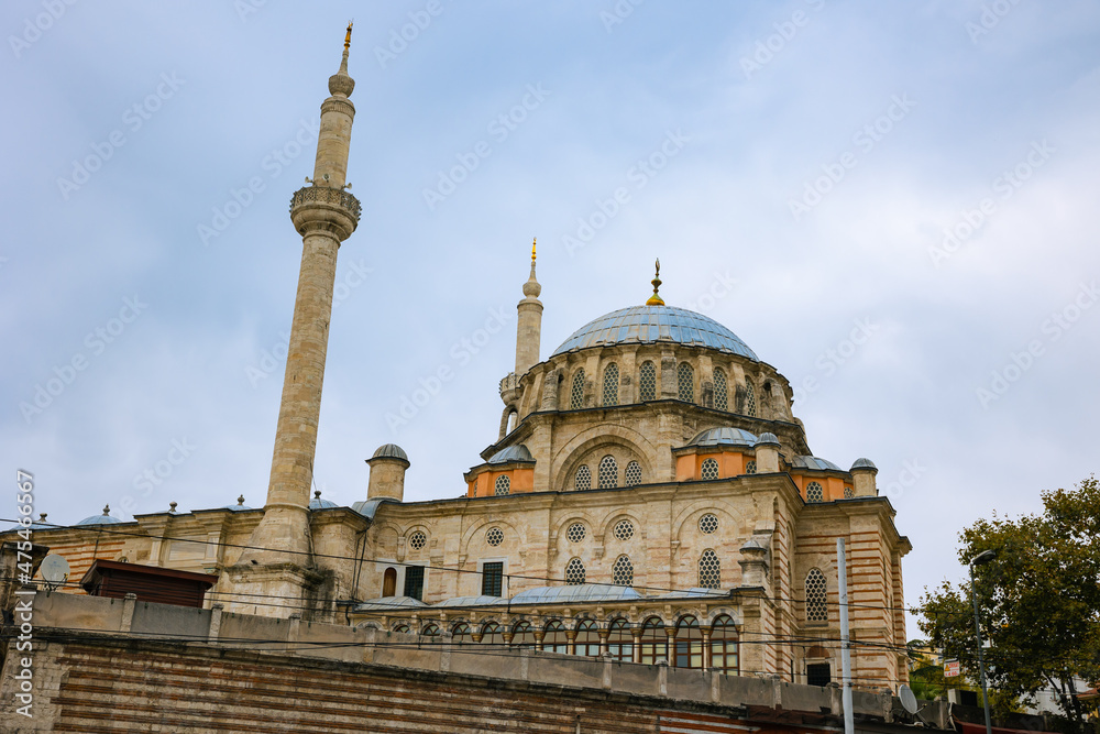Laleli Mosque in Istanbul with cloudy sky background.