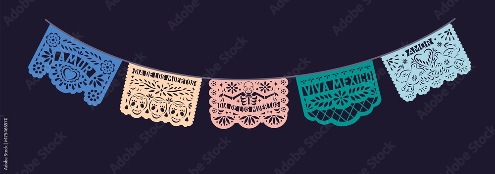 Papel Picado, Mexican pecked papers for Dead day means Dia de los Muertos,  death holiday in Mexico. Banner with hispanic ornament, perforated laces  hanging on string. Colored flat vector illustration Stock Vector