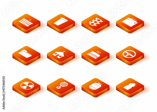 Set Radioactive, Industrial hook, Folder, Church building, Propane gas tank and Cake with burning candles icon. Vector