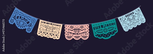 Papel Picado, Mexican pecked papers for Dead day means Dia de los Muertos, death holiday in Mexico. Banner with hispanic ornament, perforated laces hanging on string. Colored flat vector illustration