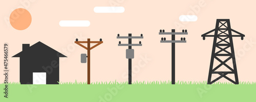Electric poles to transmit electricity to house or home in day time on green grass icon flat vector design. Concept eco clean green energy environmentally friendly.