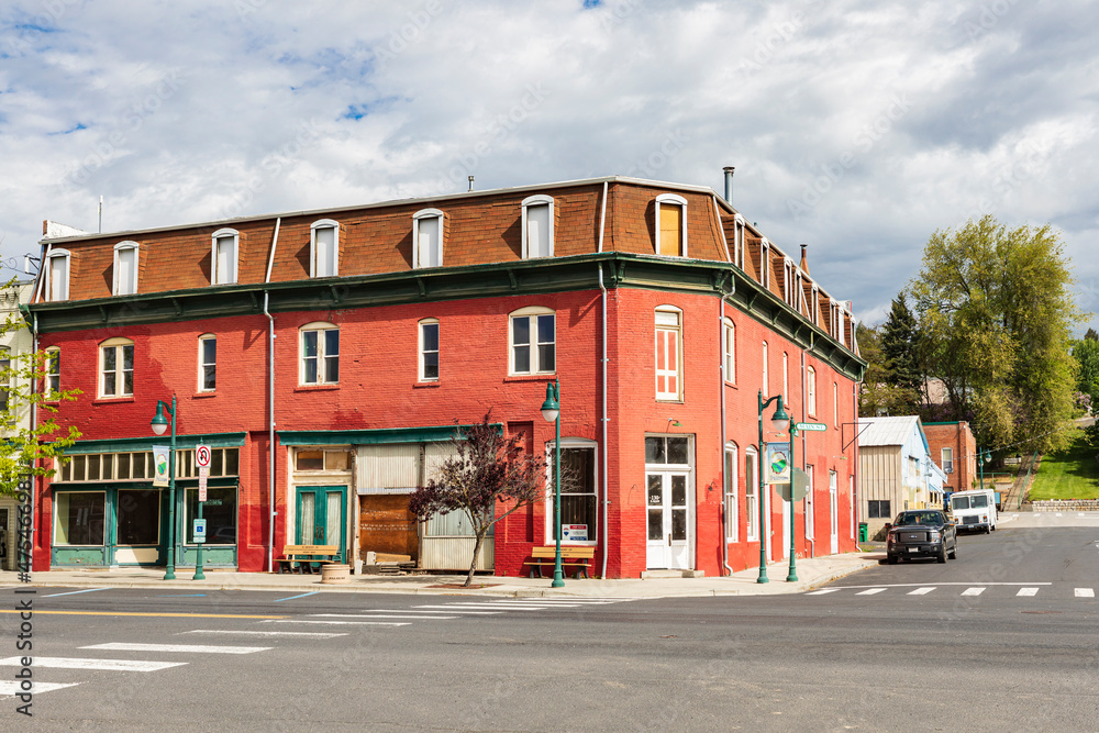 Palouse, Washington State, USA. Red brick building on a street corner in a small town. (Editorial Use Only)