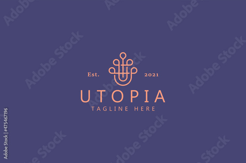 Abstract Simple Line Logo Concept. Utopia Initial Letter U Ornament. The Unique Classic Kingdom Crown Monarch.