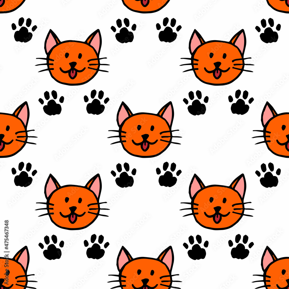 Naklejka premium Seamless pattern with orange cat and footprints on white background. Vector image.
