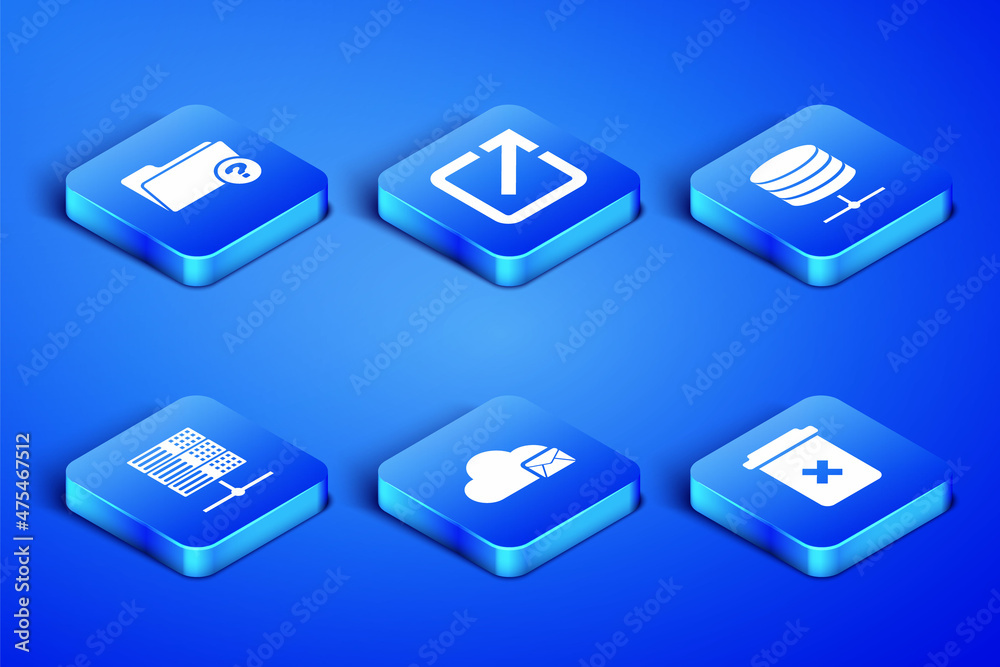 Set Trash can, Unknown directory, Cloud mail server, Server, Data, Web Hosting, Open new window and icon. Vector Set Trash can, Unknown directory, Cloud mail server, Server, Data, Web Hosting, Open new window and icon. Vector