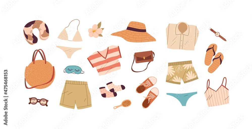 Summer travel stuff set. Beach clothes, accessories for summertime holiday. Bag, bikini, flip-flops, hat, swimsuit and pillow for vacation trip. Flat vector illustrations isolated on white background