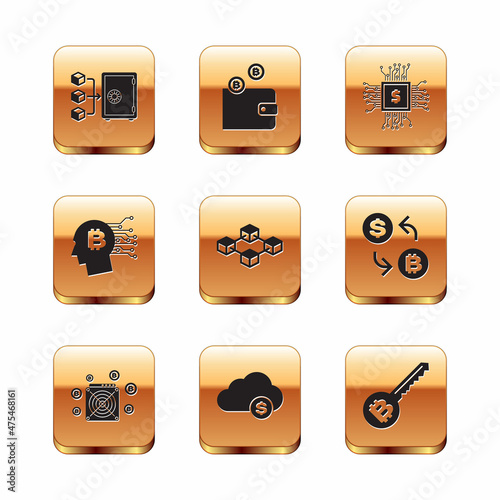 Set Proof of stake, ASIC Miner, Cryptocurrency cloud mining, Blockchain technology, Bitcoin think and Processor chip with dollar icon. Vector