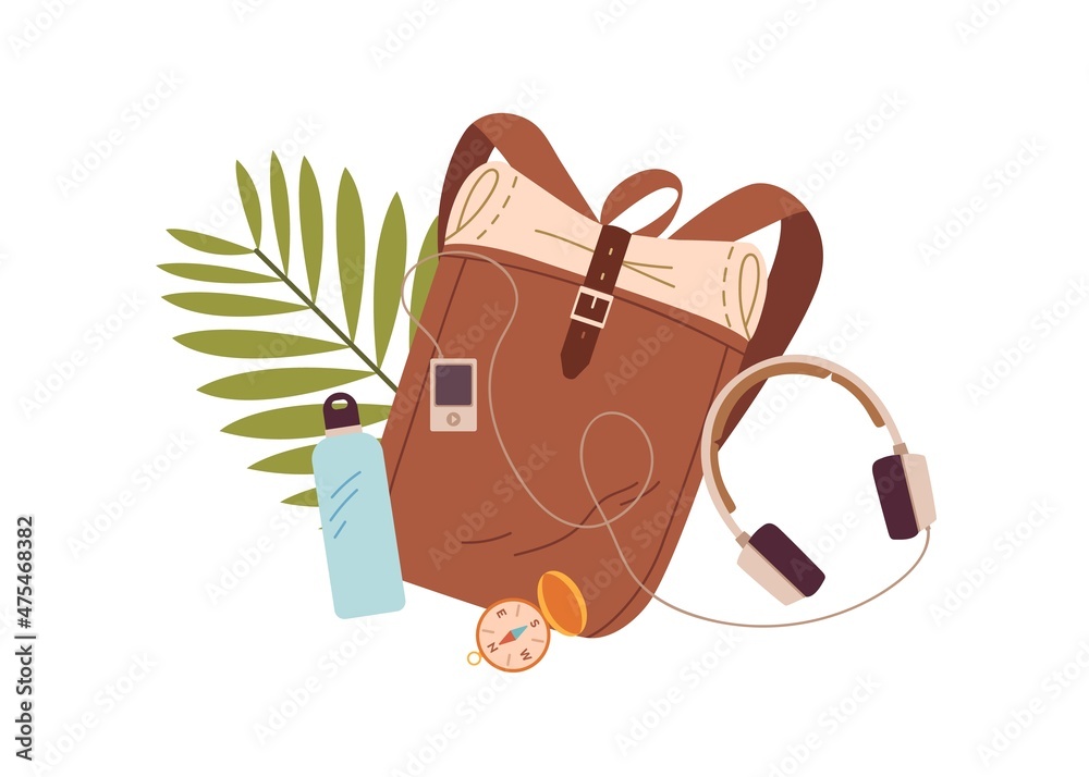 Backpack and travel stuff. Hiking bag, water bottle, compass, headphones  and mp3 music player composition. Packed hand luggage and accessories. Flat  vector illustration isolated on white background Stock Vector | Adobe Stock