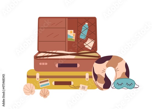Packed suitcases with summer stuff. Open travel luggage with beach accessories and clothes. Holiday baggage, neck pillow for summertime journey. Flat vector illustration isolated on white background