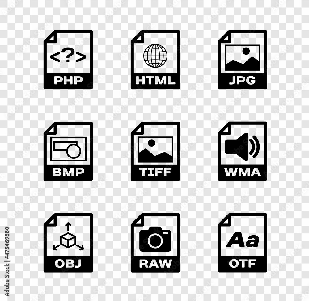 Set PHP file document, HTML, JPG, OBJ, RAW and OTF icon. Vector Set PHP file document, HTML, JPG, OBJ, RAW and OTF icon. Vector