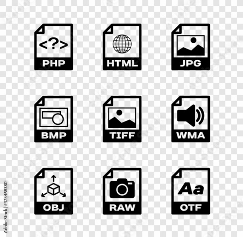 Set PHP file document, HTML, JPG, OBJ, RAW and OTF icon. Vector