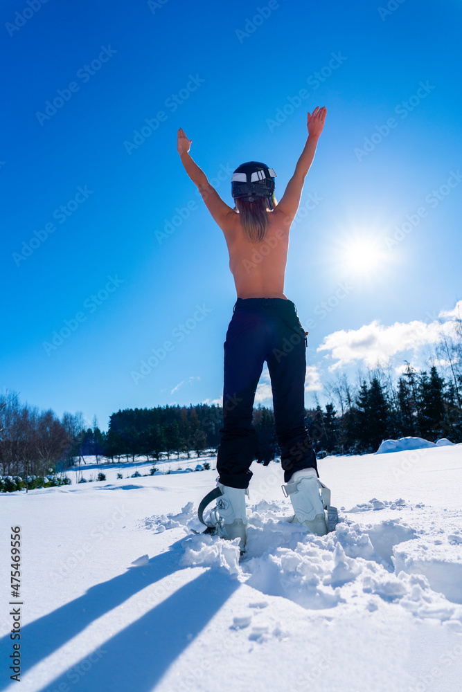 Young girl naked durking winter fun on ski Young girl naked durking winter fun on ski