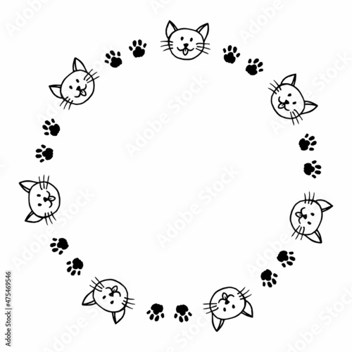 Round frame with black and white cats and cat steps on white background. Vector image.