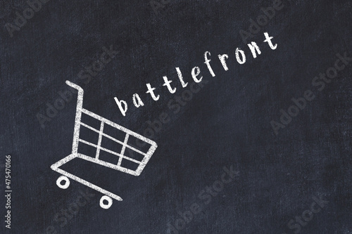 Foto Chalk drawing of shopping cart and word battlefront on black chalboard