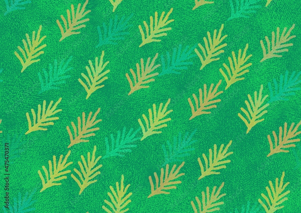 Doodle-style twigs on a green background.