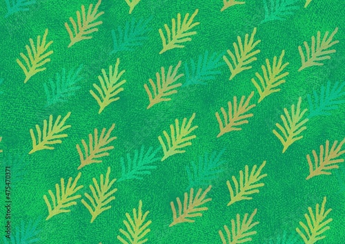 Doodle-style twigs on a green background.