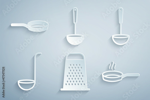 Set Grater, Kitchen ladle, Frying pan, and icon. Vector