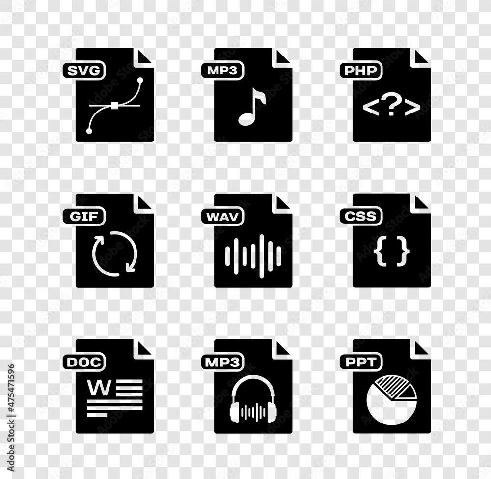 Set SVG file document, MP3, PHP, DOC, PPT, GIF and WAV icon. Vector Set SVG file document, MP3, PHP, DOC, PPT, GIF and WAV icon. Vector