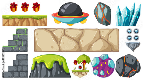 Set of isolated fantasy space game objects and elements