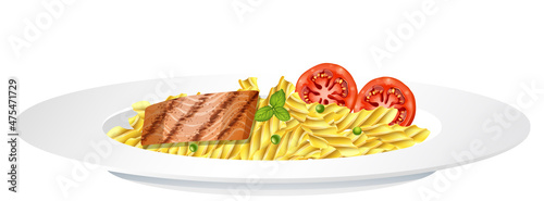 Pasta fusilli with fish steak and tomato