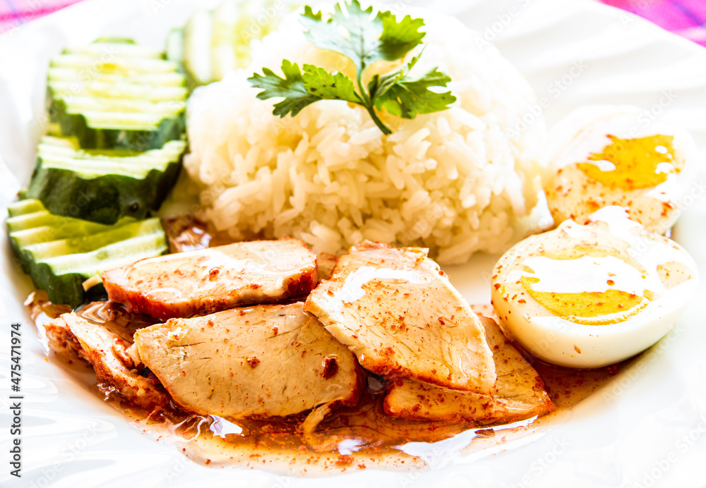 Roasted red pork with rice on plate, Thai famous street food. Roasted red pork with rice on plate, Thai famous street food.
