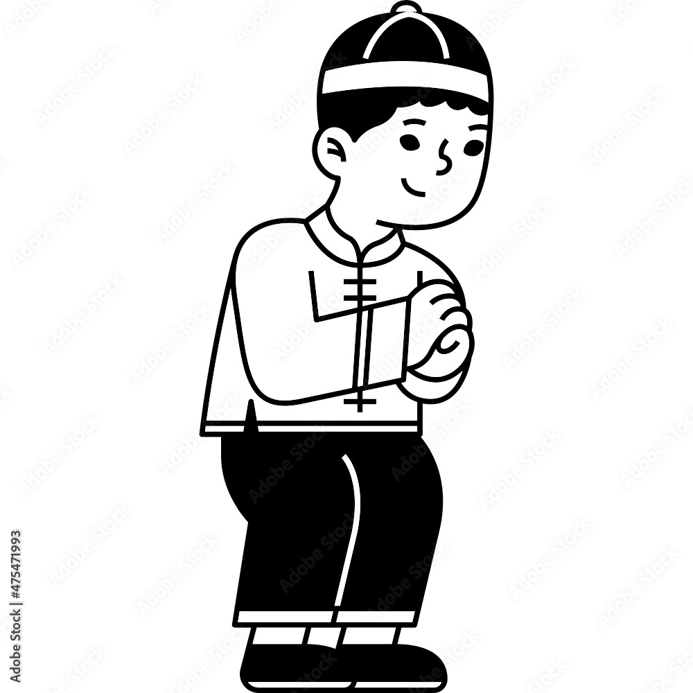 chinese boy greeting gesture line illustration organic style for celebrate chinese lunar new year, website, web, application, presentation, printing, document, poster design, etc.
