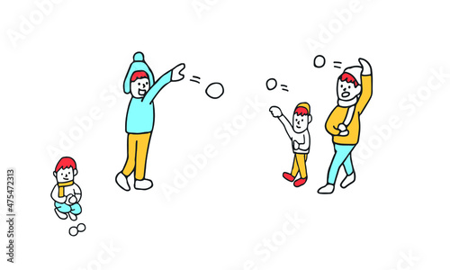 雪合戦を楽しむ親子のイラスト