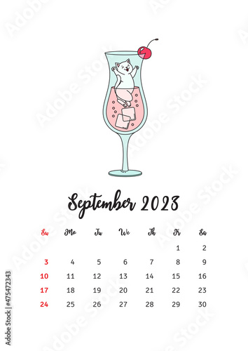September 2023 calendar. Calendar template decorated with a cute white cat playing in a cocktail glass. Vector illustration 10 EPS.