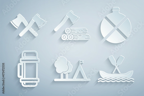 Set Tourist tent with flag, Canteen water bottle, Thermos container, Rafting boat, Wooden axe and wood and Crossed wooden icon. Vector
