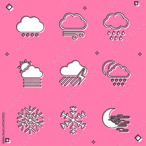 Set Cloud with snow, Windy weather, rain, Fog and cloud sun, lightning and moon icon. Vector