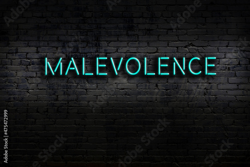 Night view of neon sign on brick wall with inscription malevolence photo