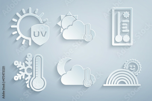 Set Thermometer and cloud, moon, Meteorology thermometer, with snowflake, Rainbow sun, and UV protection icon. Vector