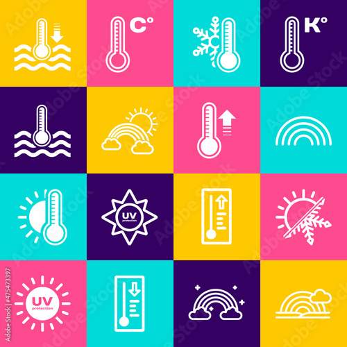 Set Rainbow with cloud, Sun and snowflake, Thermometer, clouds sun, Water thermometer, and Meteorology icon. Vector