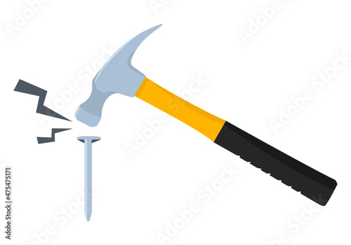 Hammer hitting a nail isolated on white background