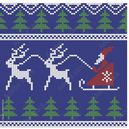 Santa on sleigh, deers, seamless cross stitch pattern, vector illustration
