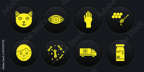 Set Face with psoriasis or eczema, Honeycomb honey dipper, Bacteria, Emergency car, Hand, Reddish eye allergic conjunctivitis, Medicine bottle pills and Pet icon. Vector