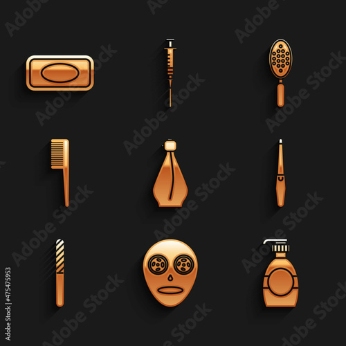 Set Perfume, Facial cosmetic mask, Bottle of liquid soap, Nail file, Hairbrush, and Bar icon. Vector