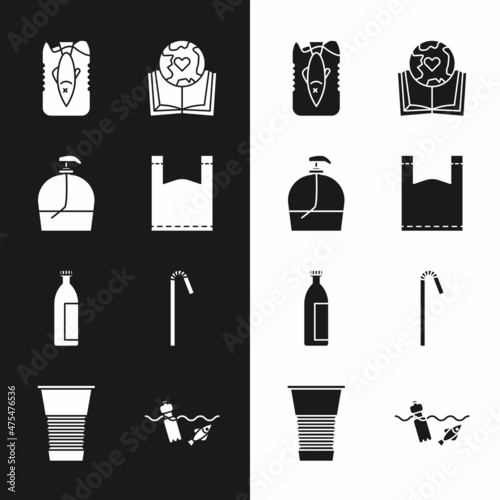 Set Plastic bag, Bottle of liquid soap, Stop ocean plastic pollution, Earth globe and book, Lotion cosmetic tube, Drinking straw, Problem the and Paper glass icon. Vector