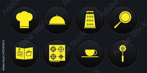 Set Cookbook, Frying pan, Gas stove, Coffee cup, Grater, Covered with tray, Pizza knife and Chef hat icon. Vector